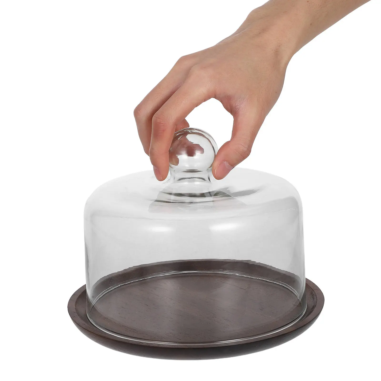 

1Set Glass Dome Cake Display Plate with Wooden Tray Clear Cloche Cover for Cakes Pastries Desserts Fruit Serving