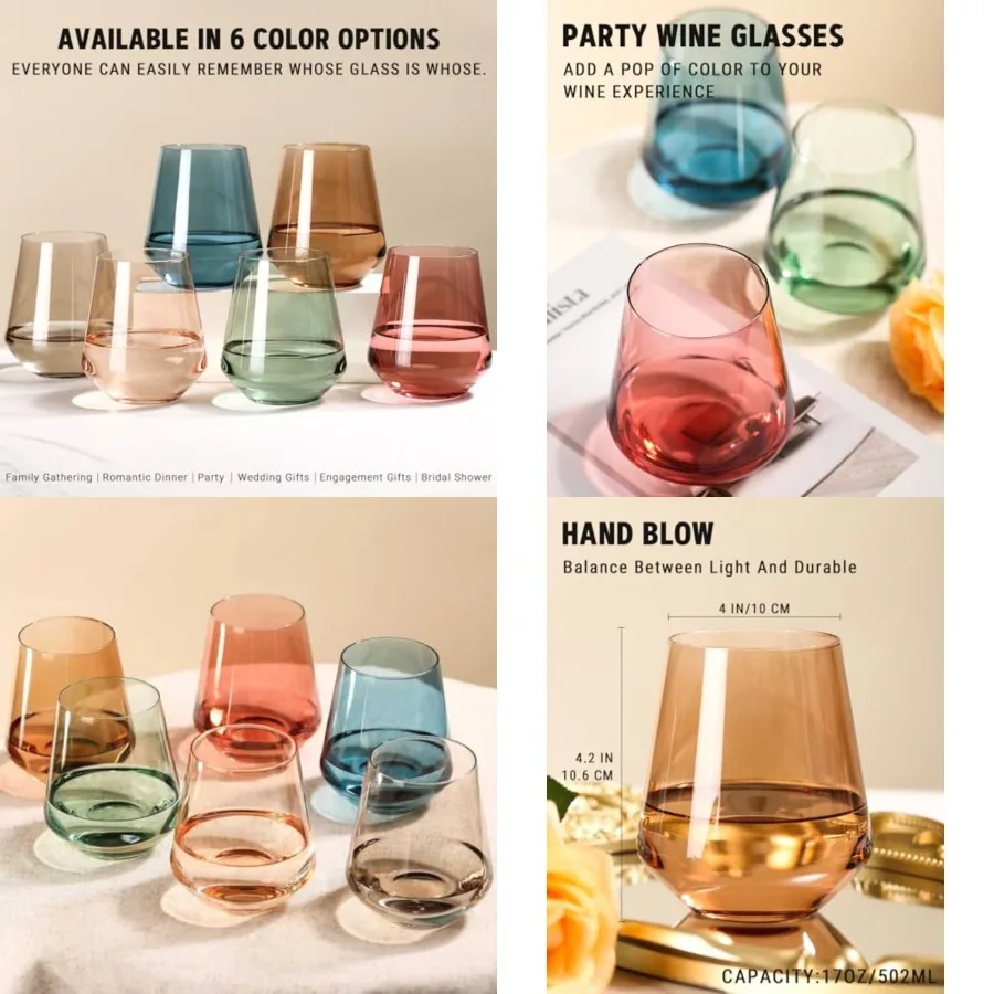 

Wine Glasses Set of 6-17 oz Hand-Blown Crystal Glassware with no Stem, Glassware for Lovers, Wedding, Birthday, Mother's Day Ho