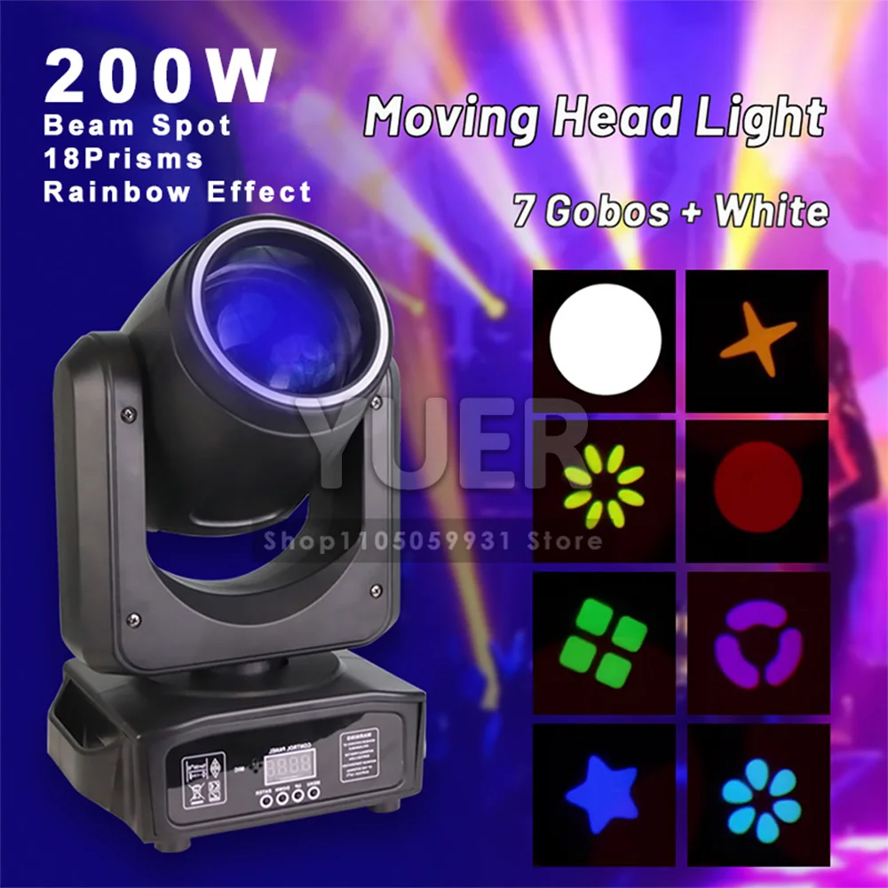 LED 200W Beam Spot 18 Prisms Rotate Pattern With Rainbow Effect SMD RGB Ring Moving Head Stage Lighting For Dj Club Home Party