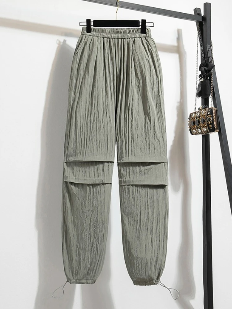 

Women Casual High Waist Drawstring Elastic Waist Wide-Leg Trousers 2025 Plus Size Cargo Pants Vintage Wrinkled Versatile Pants