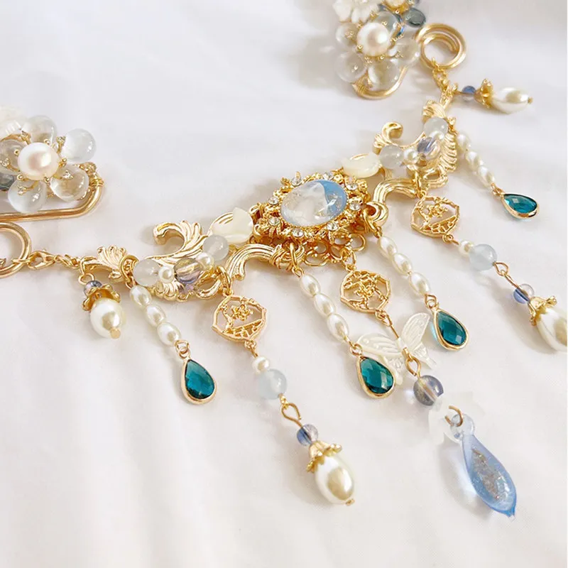 Chinese Traditional Hanfu Choker Necklace Tassel Pearl Blue Gem Butterfly Collar Jewelry For Women Cosplay Party Ancient Costume