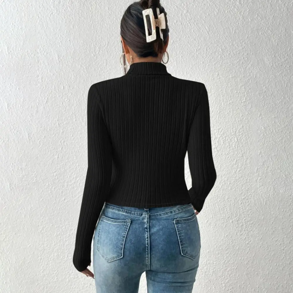 Fall Winter Women Top Hollow Out High Collar Long Sleeve Striped Knitted Elastic Slim Pullover Bottoming Sweater