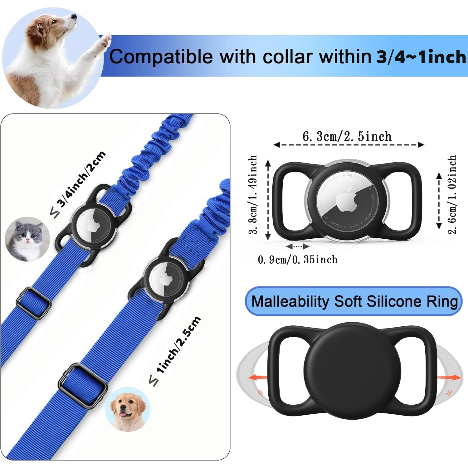 2pack Airtag Dog Collar Holder Waterproof Silicone For Apple AirTags Case Durable&Lightweight Air Tag Case for Pet Cat Collar