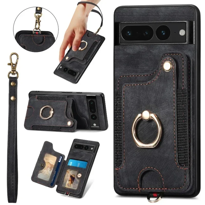 Leather Wrist Strap Wallet with Card Holder Phone Case for Google Pixel 6A 7A 6 7 8 9 Pro XL WIth Kickstand Shockproof Cover