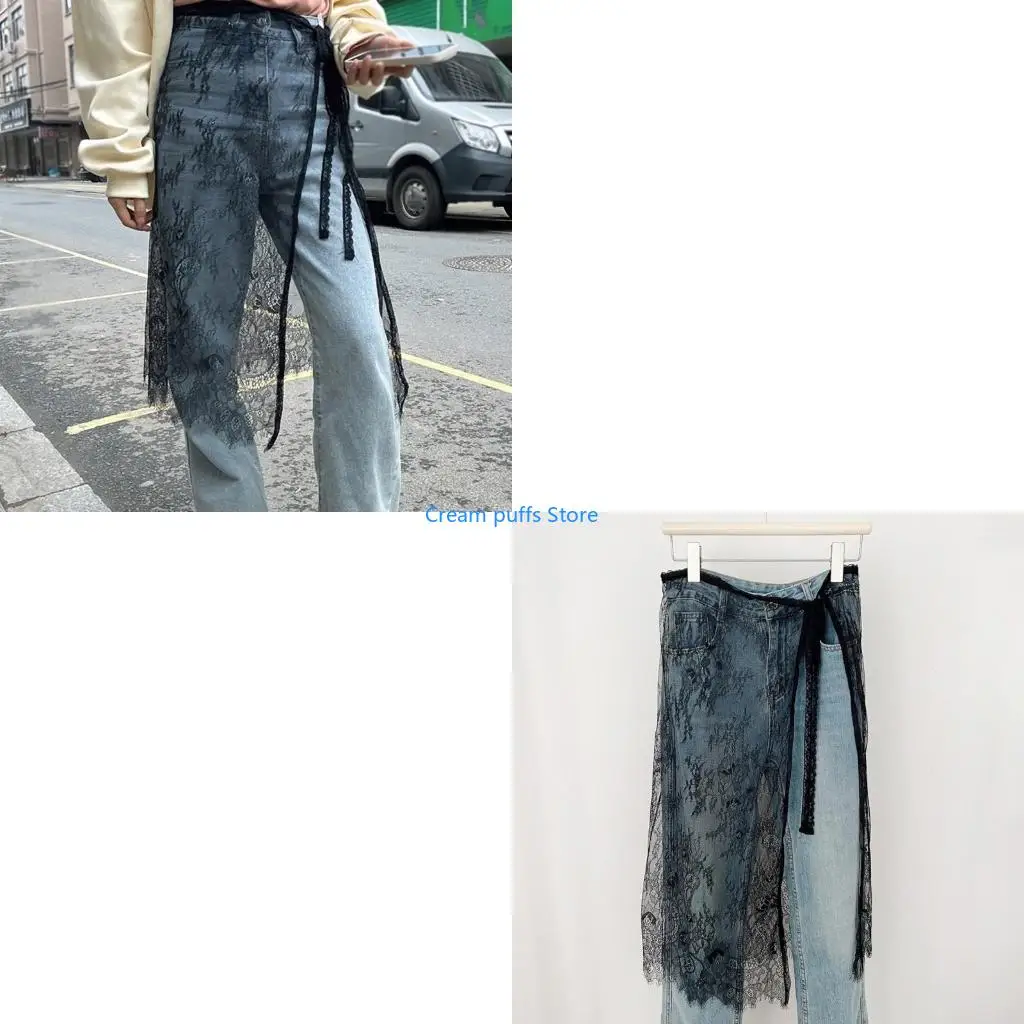 50LE Korean Fashion Tie Up See Through Flower Eyelash Lace Apron Long Skirt for Women