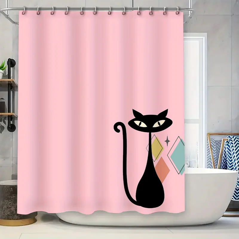 

Black Cat Shower Curtain Pink Polyester Bathroom Decor Waterproof Printed Home Decoration Window Washing Cloth Set 84x72（69 piec