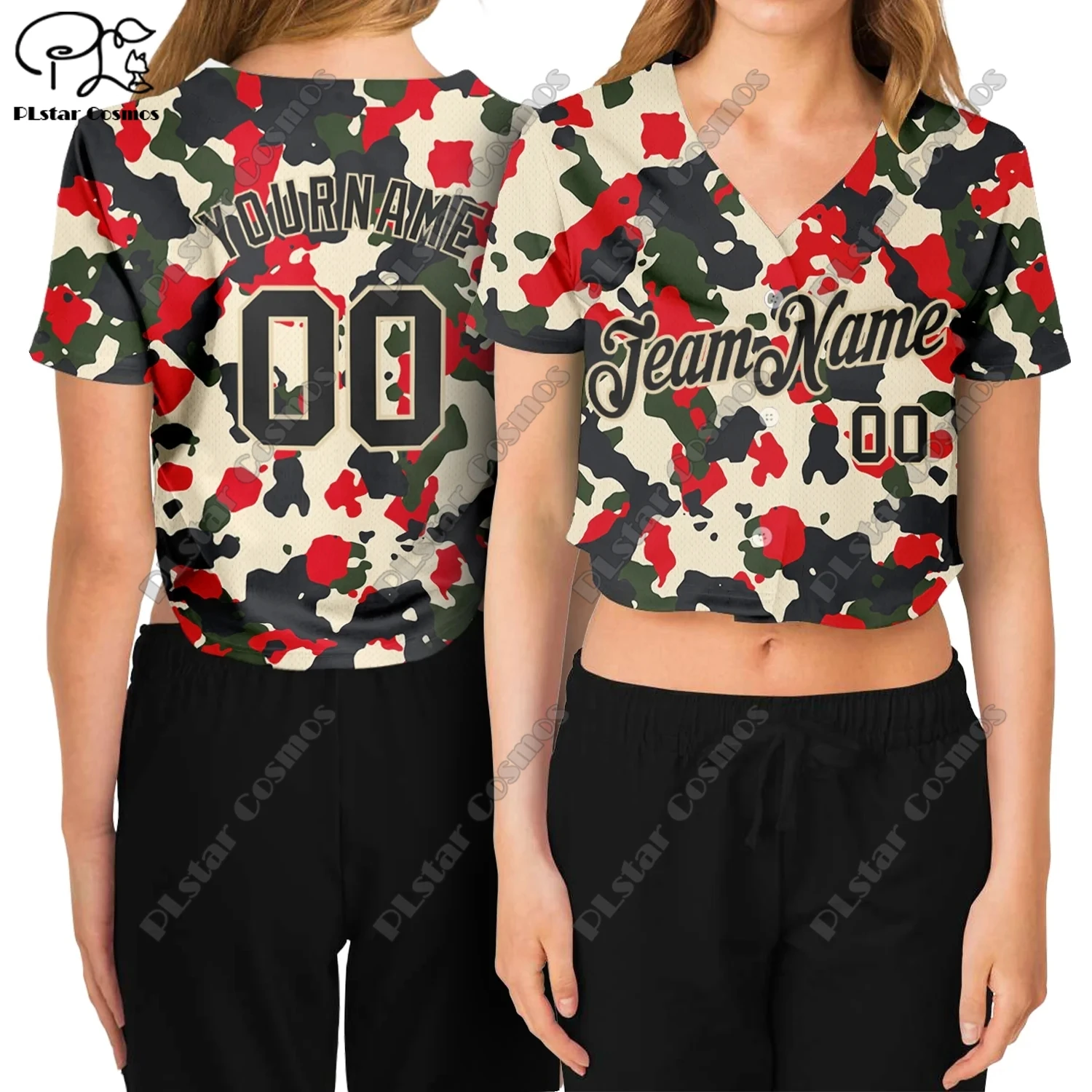 PLstar Cosmos 3D printing custom name ladies short baseball shirt summer casual sports style V-neck camouflage  series