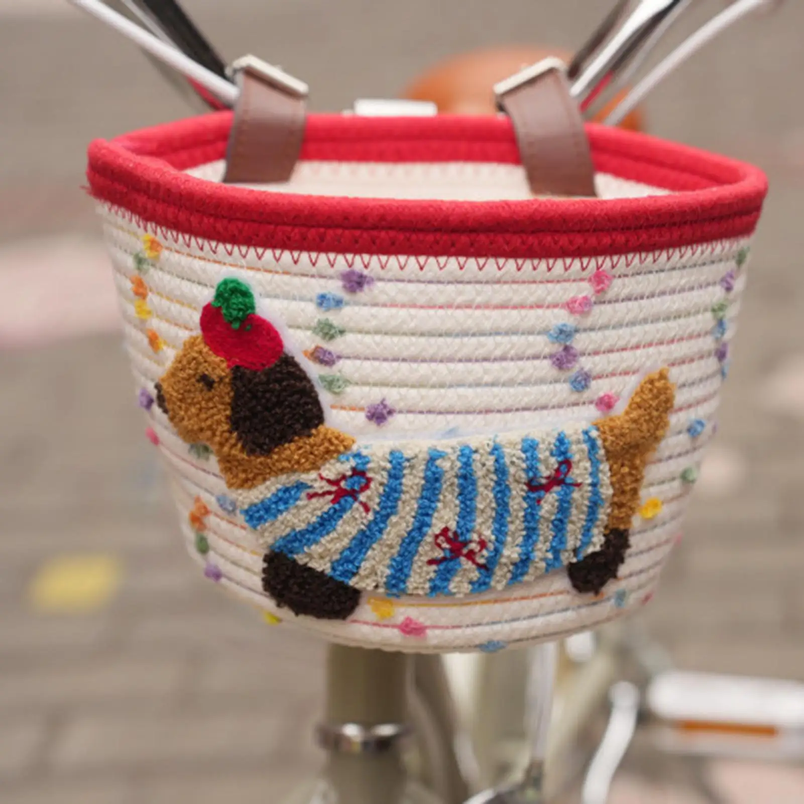 

Kids Bike Basket Cotton Rope Dachshund Design Handlebar Bag Bike Basket for Girls for Girl Boy Grocery Mountain Cycling Beach