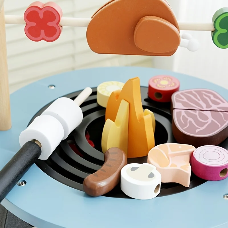 Wooden Barbecue Playset For Kids Pretend Play Bbq Toy With Grilling Tools Food Pieces & Condiments For Outdoor Cooking Role Play