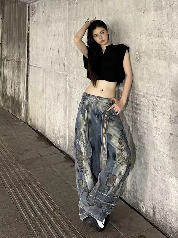Rustic Style Distressed Embroidered Heavy Work Loose Casual Large Size Draping Wide Leg Pants Women Trendy High Waist Jeans