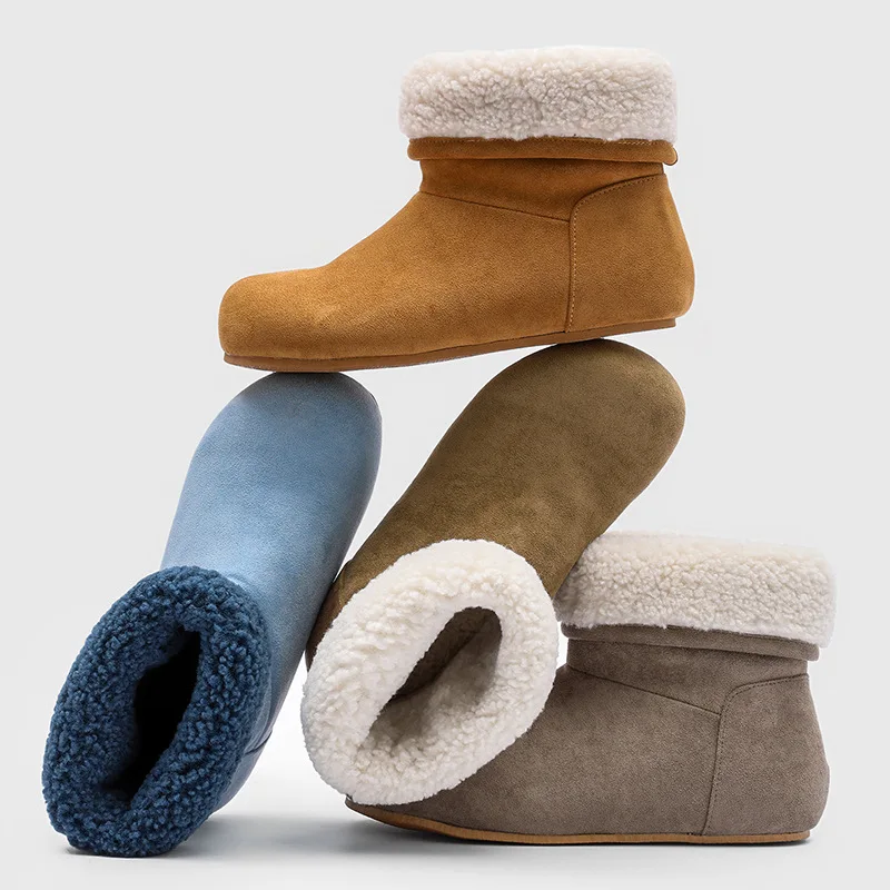 New Men's Suede Ankle Boots With Faux Fur Lining Warm Winter Slip On Booties Soft Sole Comfortable Casual Women Flats Short Boot