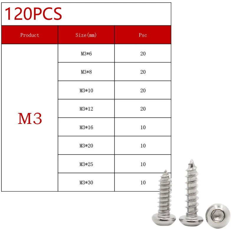 Kit M2 M2,5 M3 M4 M5 M6 304 Edelstahl runder Flachkopf Innensechskant selbstschneidende Schrauben Holzschrauben Set 70–630 Stück – Detail 6