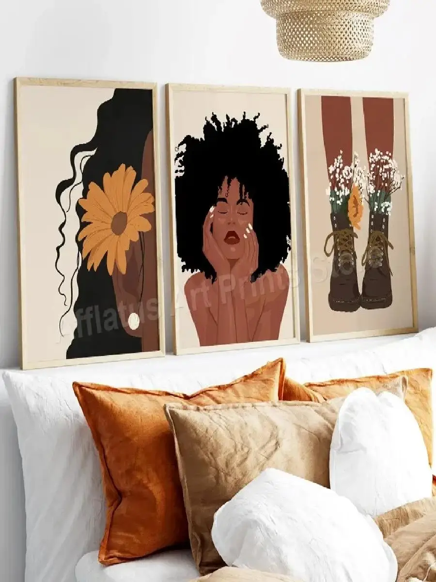 Abstract Boho Wall Art Black Girl Reading Music Records Gerbera Plants  Canvas Prints for Aesthetic Home Decor