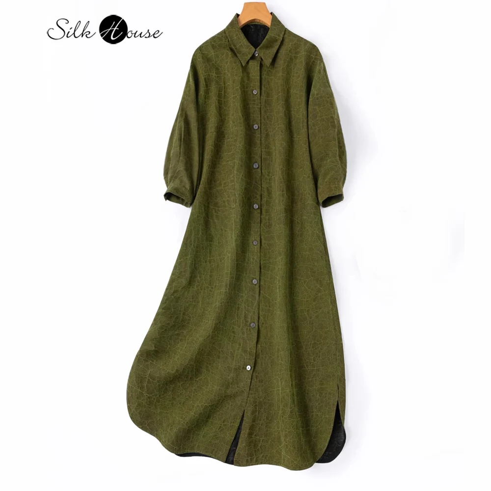 

Plus Size Advanced Temperament Olive Green 100% Natural Mulberry Silk Turtle Crack Fragrant Cloud Yarn Loose Women's Shirt Dress