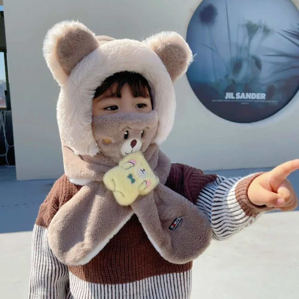

Solid Color Bear Plush Hat With Mask&Scarf Korean Style Children Fleece Hat Fashion Design Cloth Accessories