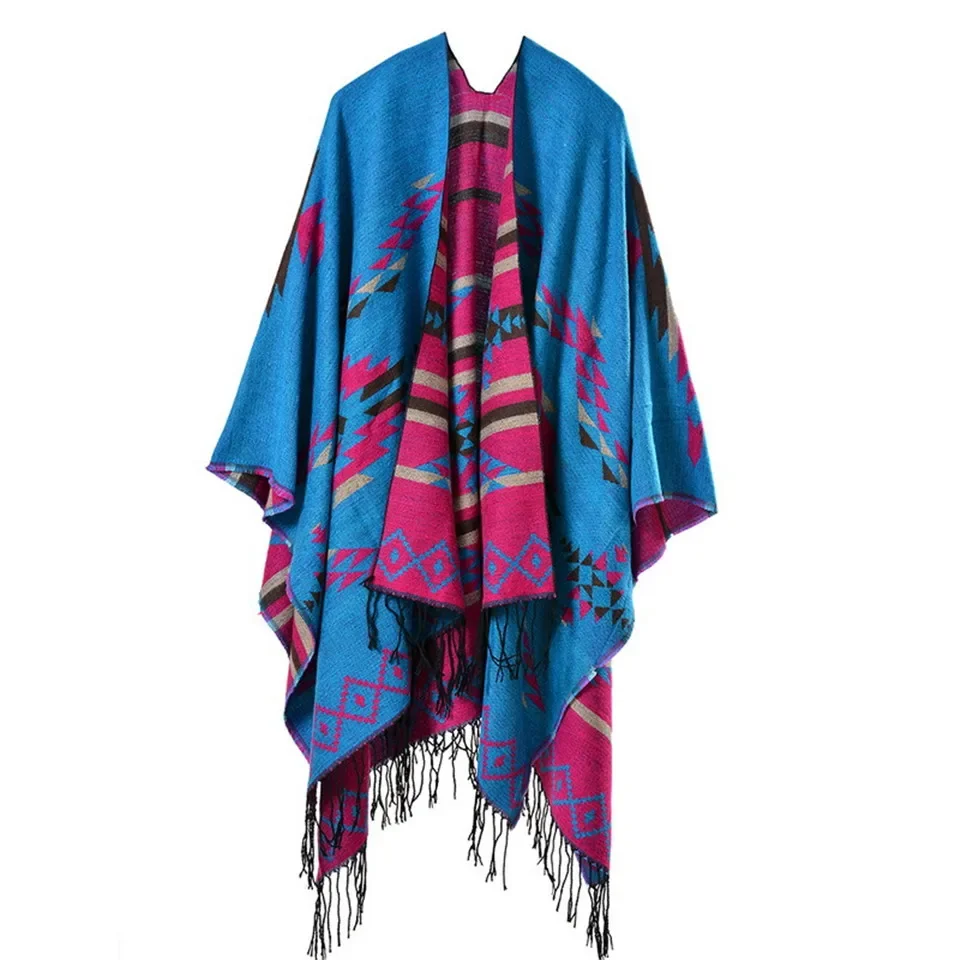 Bohemian Women\'s Autumn Winter Poncho Ethnic Scarf Fashion Print Blanket carves Lady Knit Shawl Tassel Cape Thicken Pashmina