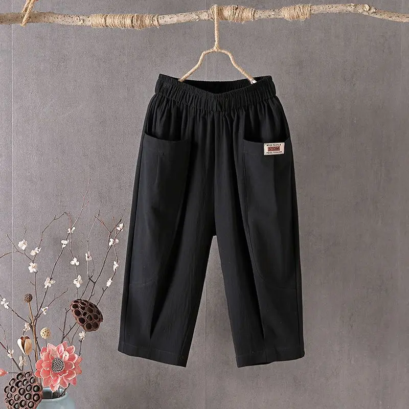 Summer New Thin Loose All-match Knee Length Pants Elastic Waist Solid Color Plus Size Pants Fashion Casual Women Clothing
