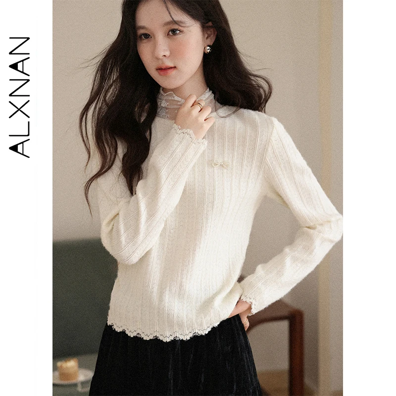 ALXNAN المشمش القمم كاذبة قطعتين الدانتيل المرقعة طويلة الأكمام محبوك البلوفرات القوس الخريف المرأة طبقات تريكو L58036 #4
