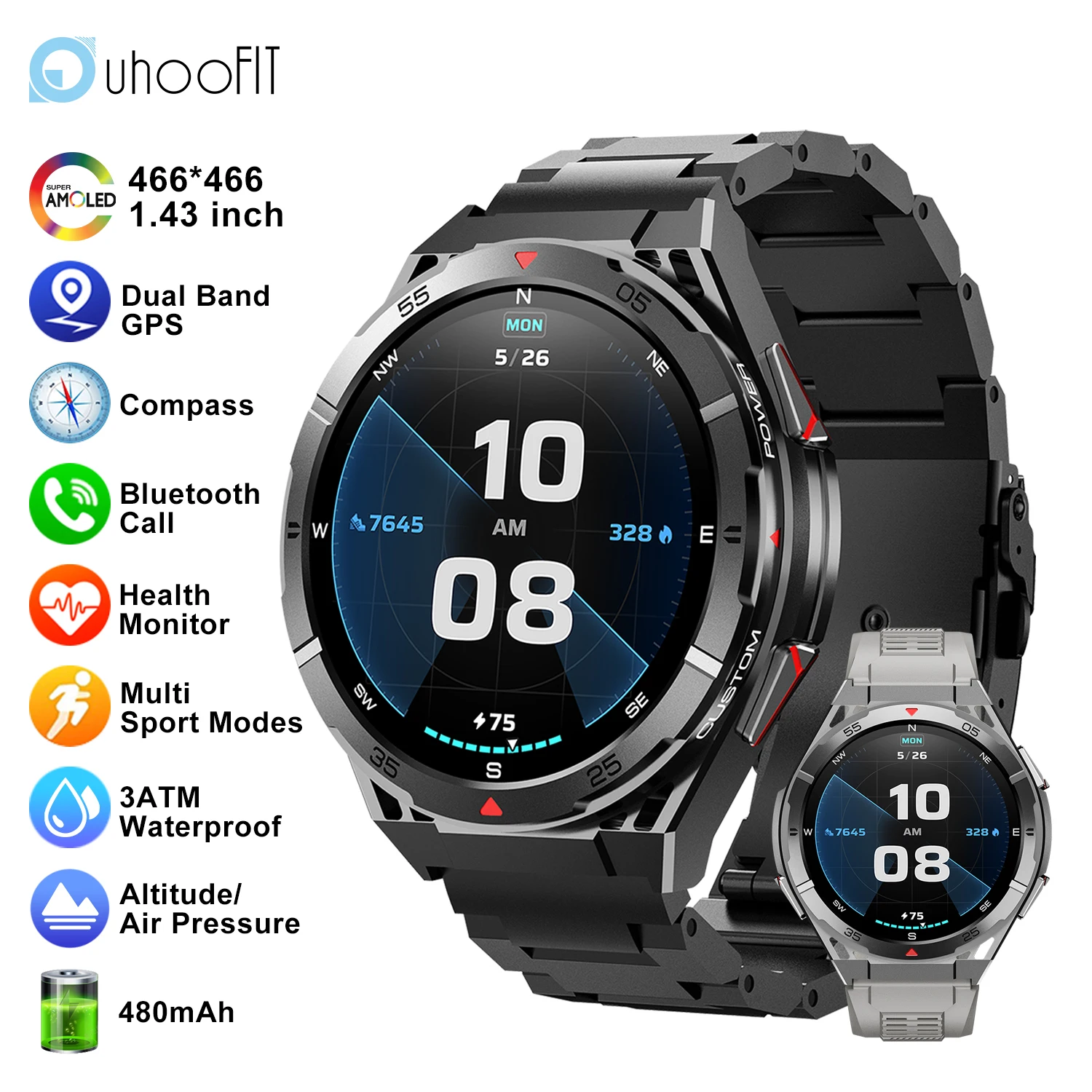 

Двухдиапазонные GPS-умные часы с AMOLED-экраном 1,43 дюйма, Bluetooth-вызовами, компасом, монитором сердечного ритма, аккумулятором 480 мАч, водонепроницаемостью 3ATM, для активного отдыха и спорта