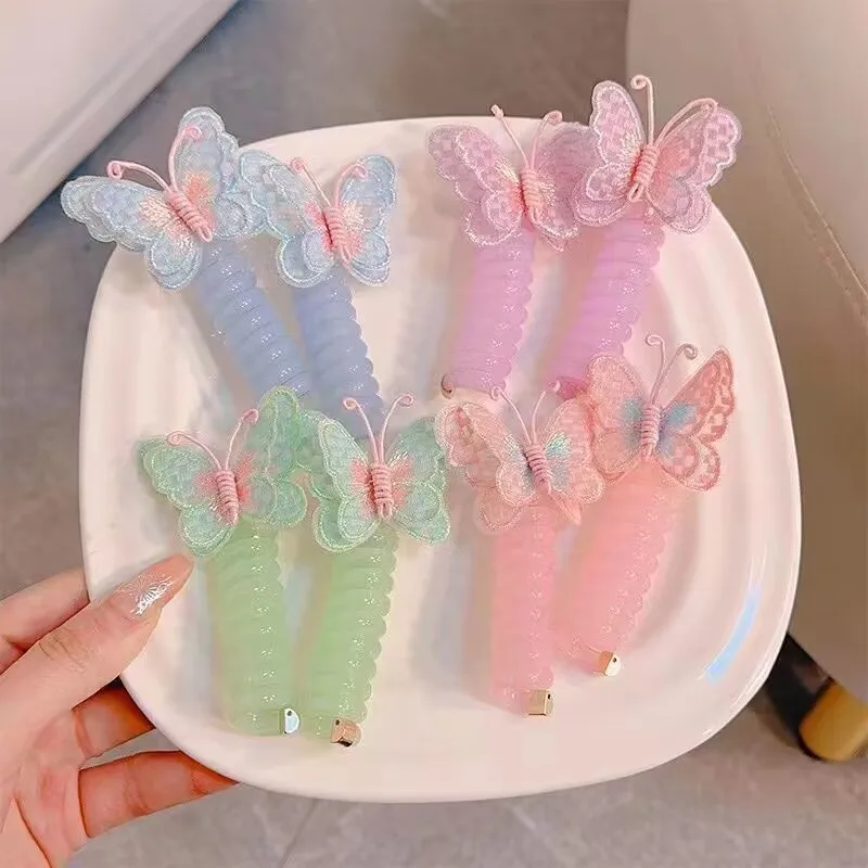 

2pcs Cartoon butterfly telephone cord curly hair children's sweet hair tie high-value durable ponytail holder