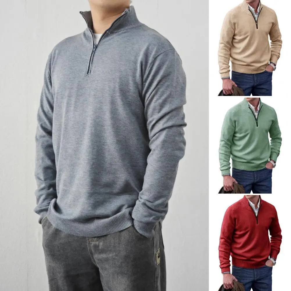 Men Sweater Coat Half Zipper Knit Elastic Long Sleeves Stand Collar Outerwear English Style Daily Wear Mid Length Sweater