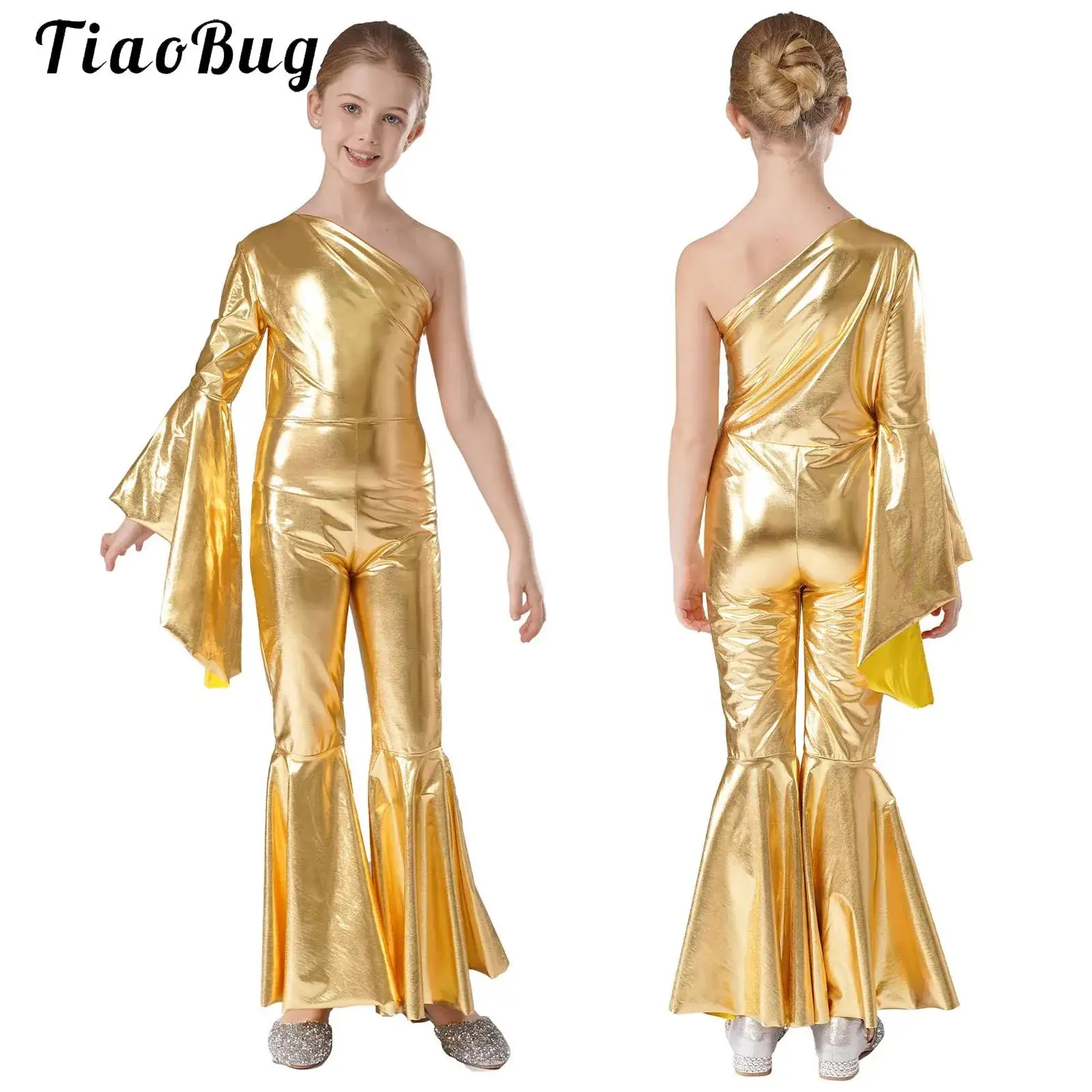 

Girls 70s Hippie Costume Metallic Shiny Bell-Bottom Jumpsuit Full Bodysuit for Movie Character Carnival Party Dance Performance