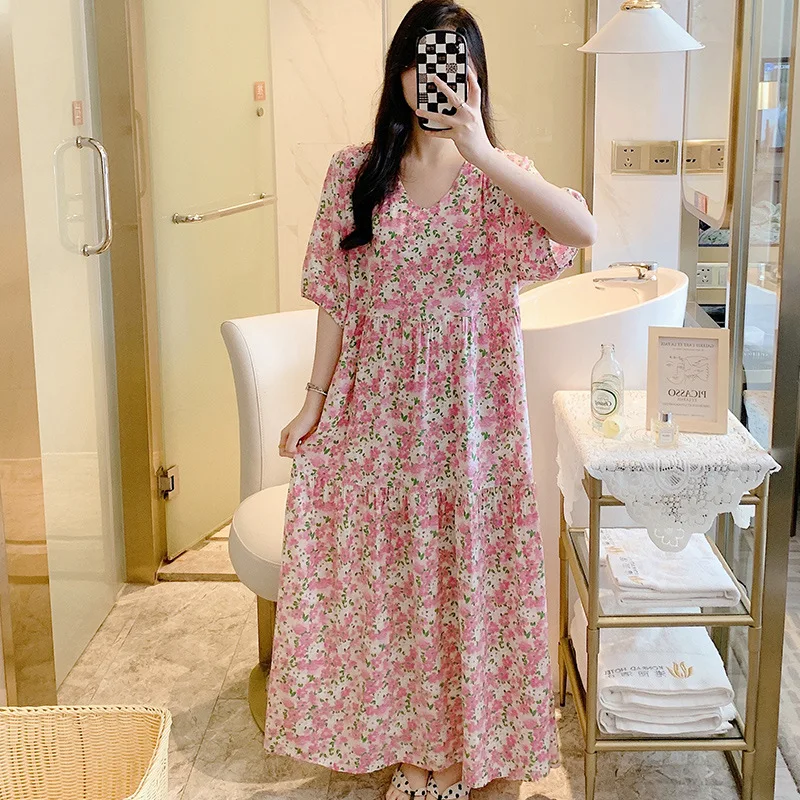 Summer Woman Viscose Nightgown Oversized Women Nightdress Short Sleeve Floral Print Nightgowns Sweet Casual Sleepwear Sleepdress