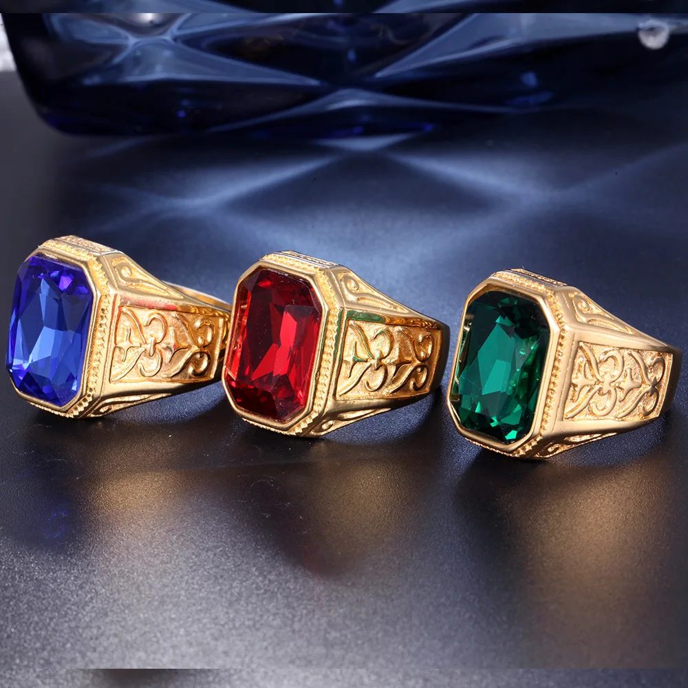 New Men Black Color Hiphop Ring 316L Stainless Steel green/Red/Blue rhinestone Stone Ring Rock Fashion Male Jewelry for Man