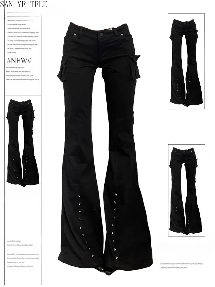 Low Waist Flared Jeans Black Overalls Women Y2K Vintage Streetwear Stretch Gothic Rivet Multi Pocket Design Pantalones