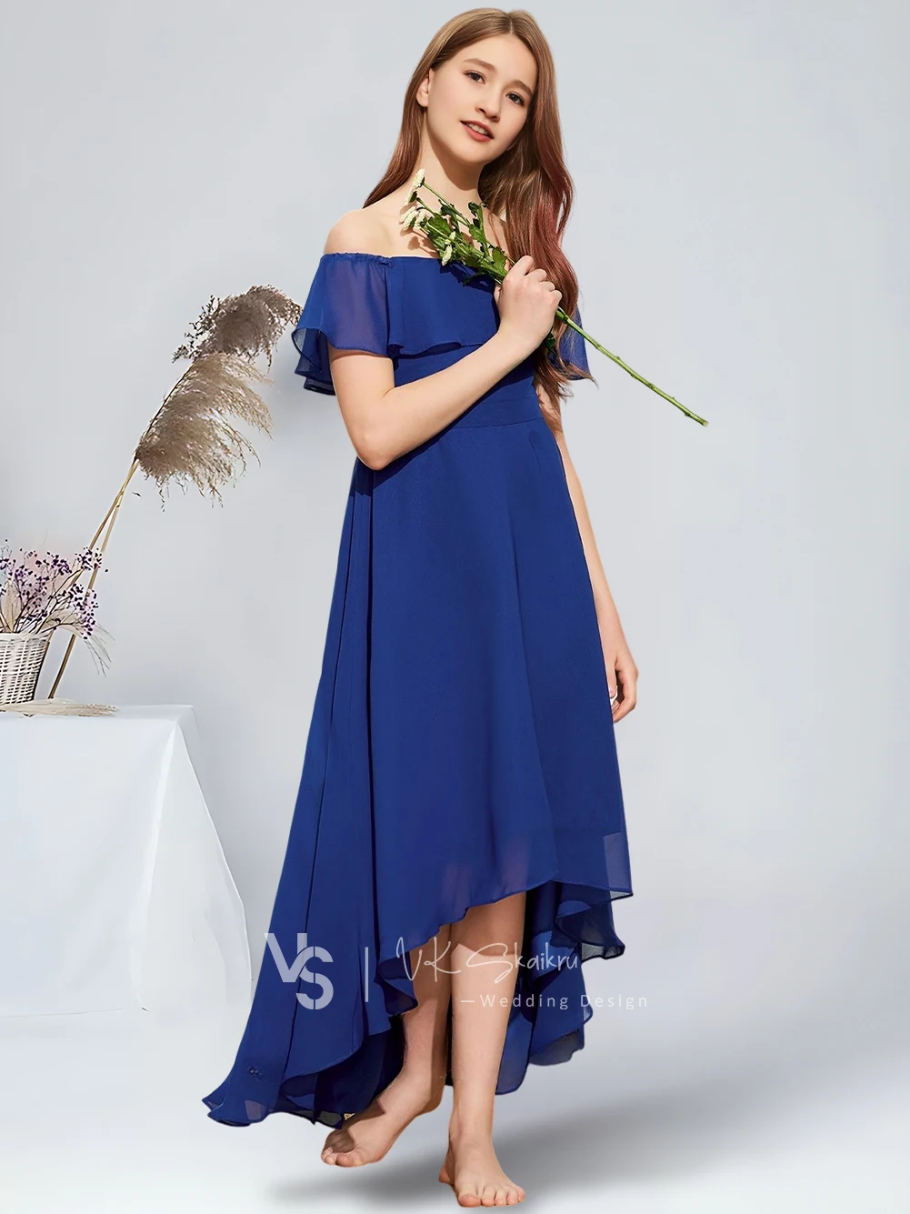 B A-line Off the Shoulder Asymmetrical Chiffon Junior Bridesmaid Dress With Cascading Ruffles Chic Flower Girl Dress for Wedding