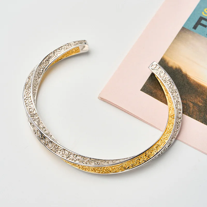 New Style Trendy Twist Flower Carving Thai Silver Female Bangle Jewelry For Women Valentine\'s Day Gifts No Fade