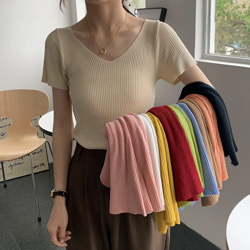 2024 Basic V-neck Solid Thin Summer Women Pullover Female Knitted Ribbed Sweater Slim Short Sleeve Bodycon Sweater