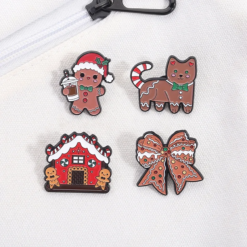 Super Cute Christmas Brooch Fun Gingerbread Elements Paired Christmas Hats Figurines House Patterns Accessories Cartoon Badges