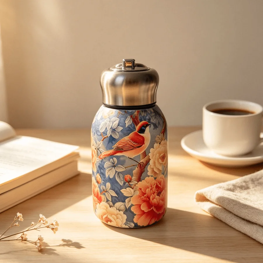 Mini Stainless Steel Vacuum-Insulated Tumbler Featuring Floral, Landscape, Bird, And Rose Motifs; Includes A Leak-Proof Lid With A Carrying Hook-A Compact, Portable Choice For Women's Daily Commutes And Outdoor Activities.