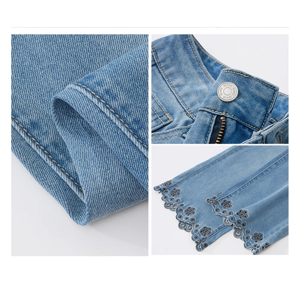 Damskie spodnie jeansowe z ażurowego jedwabiu lodowego, haftowane, letnie, jesienne, o długości 7/8, proste, z szerokimi nogawkami, z wysokim stanem, codzienne spodnie.