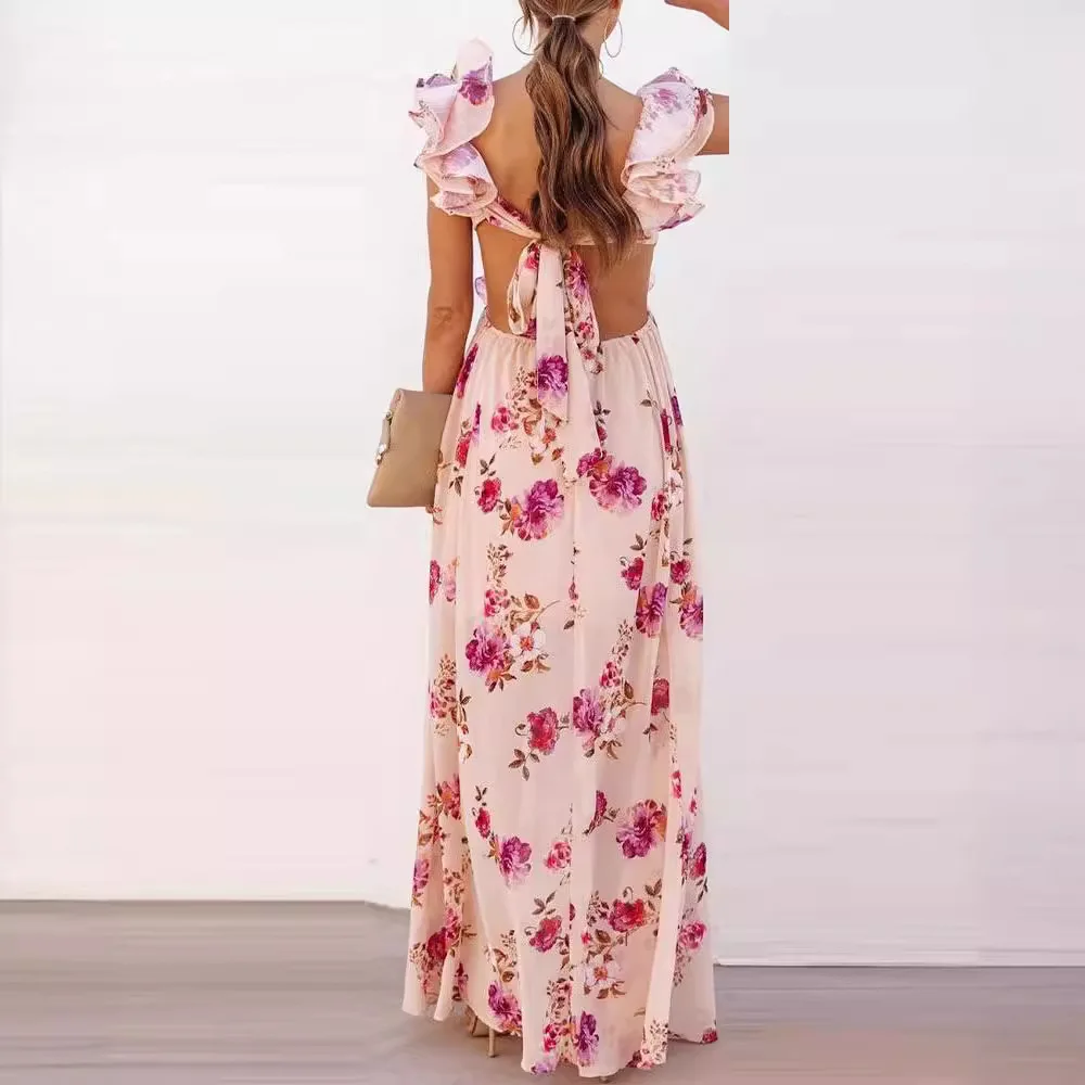 Een Dames Elegante V-Hals Boho Jurk Lente Bloemenprint Lange Partij Zomer Mouwen Strand Jurken