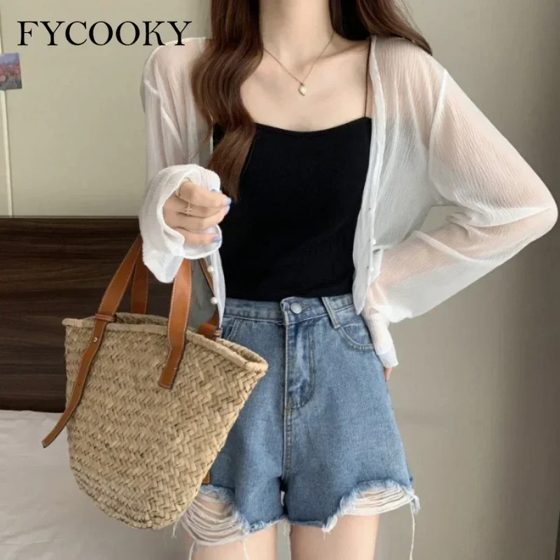 2025 Fairy Style Solid Cardigan Women Summer New Long Sleeve Sunscreen Sweet Beading V-neck Basics Loose Chiffon Cardigan - Image 2