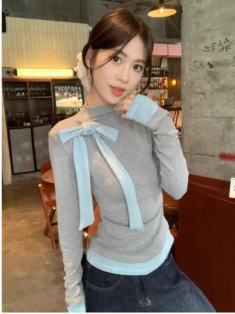 

Korean Sle f High Collar Long Sve T-irt Women's Autumn Design Knot Base irt Top Commute Sle Slim Fit