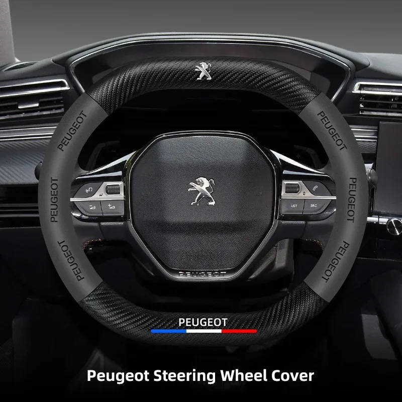Car Interior Leather Carbon Fiber Steering Wheel Cover Non-slip For Peugeot 408 4008 308 3008 Rifter 5008 508 2008 208 301 RCZ
