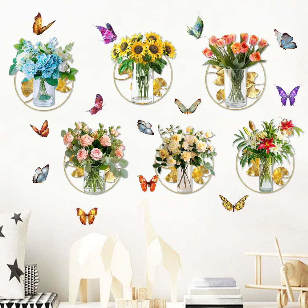 2pcs Watercolor Flower Vase Couplet Painting Glass Window Home Beautify Decoration Electrostatic Uv Window Sticker