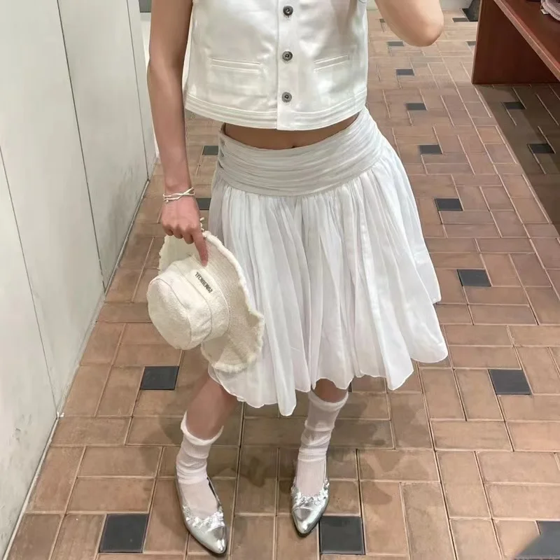 

Girls Ballet Style Cloud Face Mist Double Layer Pure Cotton High Waist Gored Skirt Half Skirt White Atmosphere Vacation Puffy...