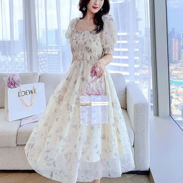 Summer 2026 New Ink Painting Bubble Sleeve Slimming Waist Ladylike Floral Chiffon Dress Three-quarter Sleeve A-line Skirt