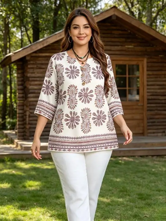 Ethnic Paisley Floral Print Women Blouses Notch V Neck Wooden Buttons 3/4 Sleeve Lightweight Boho Daily Casual Shirts