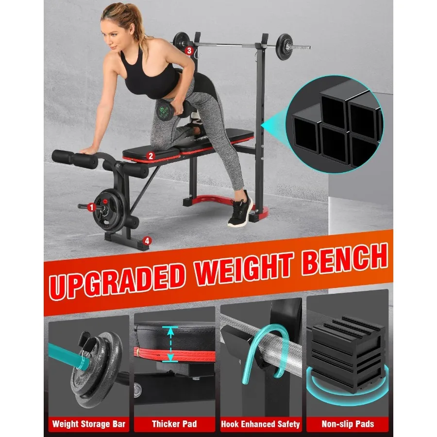 Conjunto de banco de peso padrão com extensão de perna e curvatura de perna 660 lbs conjunto de prensa de banco ajustável com almofada de curvatura preacher inclinação plana
