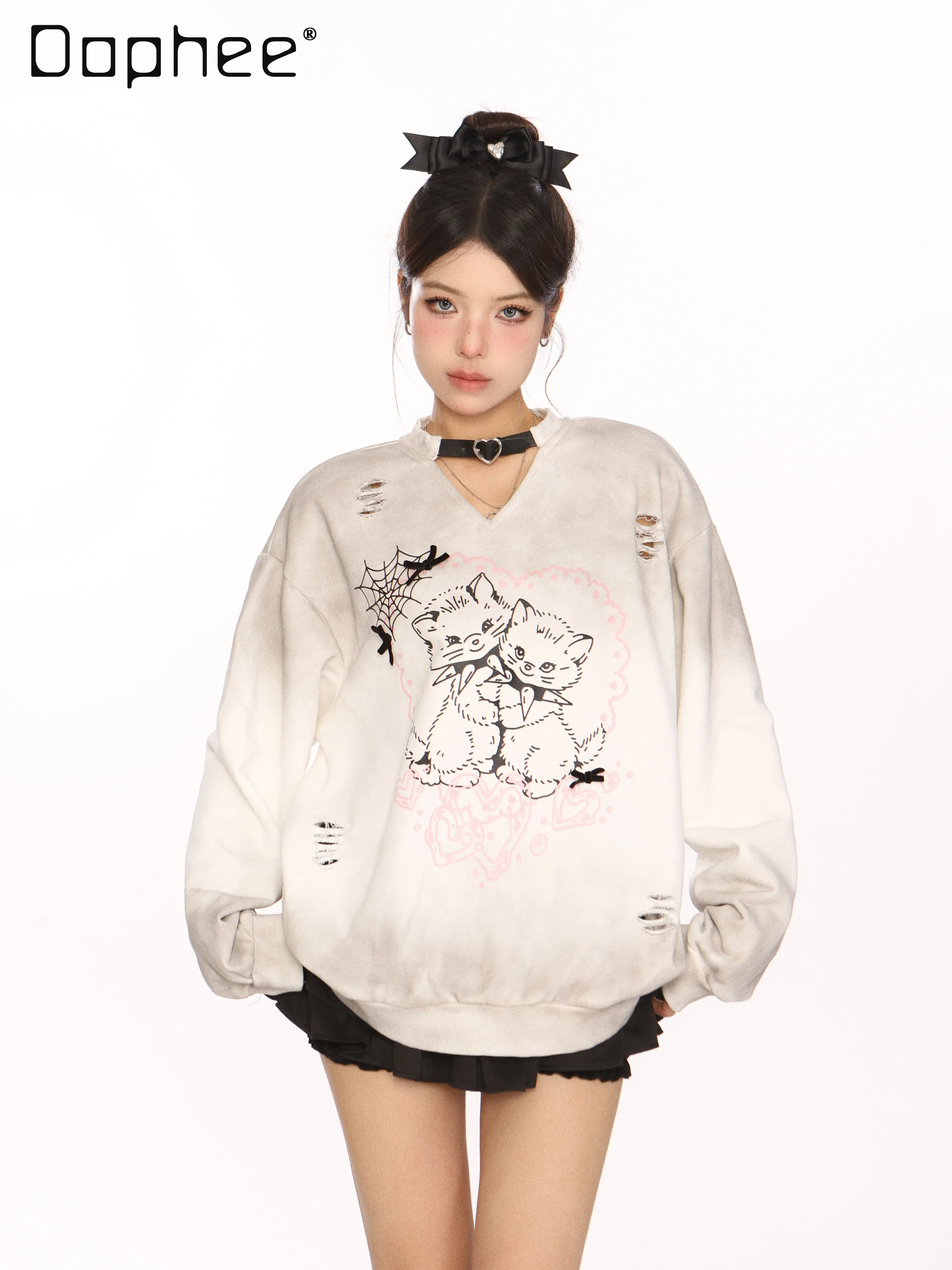 Casual Ripped Sweatshirts Women Y2K Cat Print Heart Choker Long Sleeve Loose Hoodies Sweet Pullover Fashion Clothing Harajuku