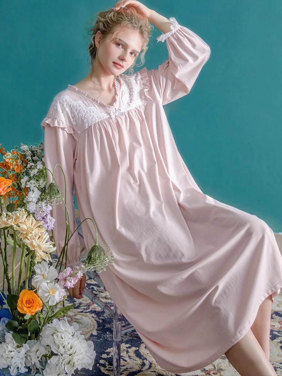 Vintage Cotton Royal Princess Nnightgowns For Lady Solid Color Long Sleeve Lace Sleepwear Spring Autumn Loose Holiday Dress