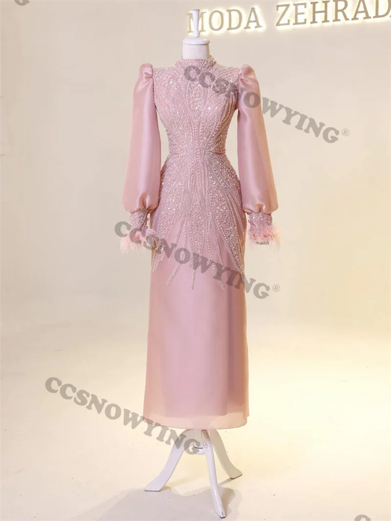 

Organza Appliques Beaded Hijab Muslim Evening Dresses Long Sleeve Islamic Formal Party Gown Arabic Dubai Women Robes De Soirée