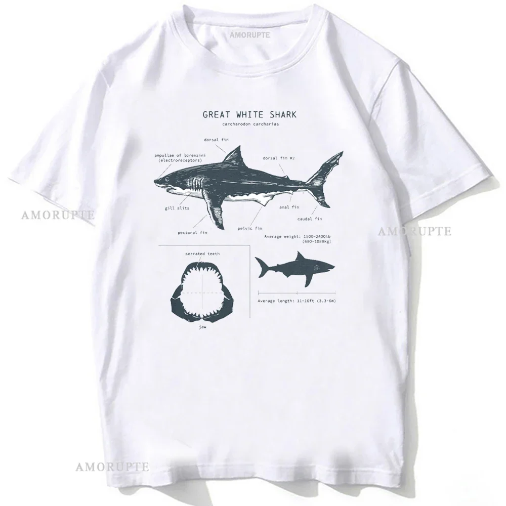 New Summer Men Short Sleeve Great White Shark Anatomy T-Shirt Hammerhead Shark Sea Animal Art Casual Tees Retro Hipster Boy Tops