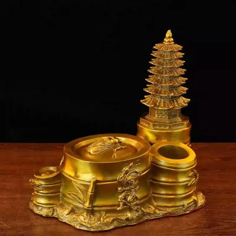 Brass Wenchang Pagoda Pen Holder Ornament Desk, Copper Qixing Point, Shop Living Room Craft, Gift for Leaders and Teache