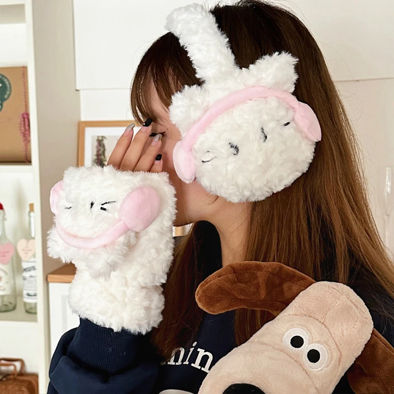 Cute Cat Half Finger Gloves Windproof Flip Cartoon Mittens Earflap Keep Warm Winter Plush Earmuffs Skiing